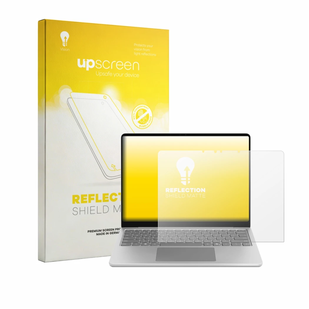 Front side of a product packaging with the brand logo upscreen. Next to it is the device Microsoft Surface Laptop 13