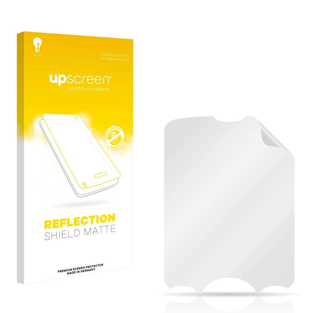 Front side of a product packaging with the brand logo upscreen. Next to it is the corresponding screen protector.