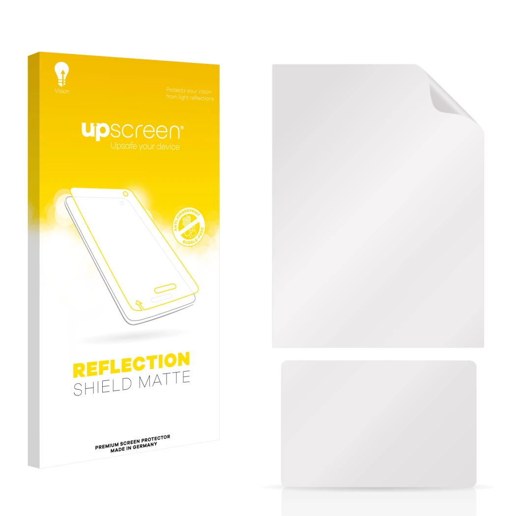 Front side of a product packaging with the brand logo upscreen. Next to it is the corresponding screen protector.