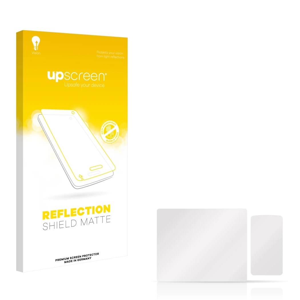 Front side of a product packaging with the brand logo upscreen. Next to it is the corresponding screen protector.