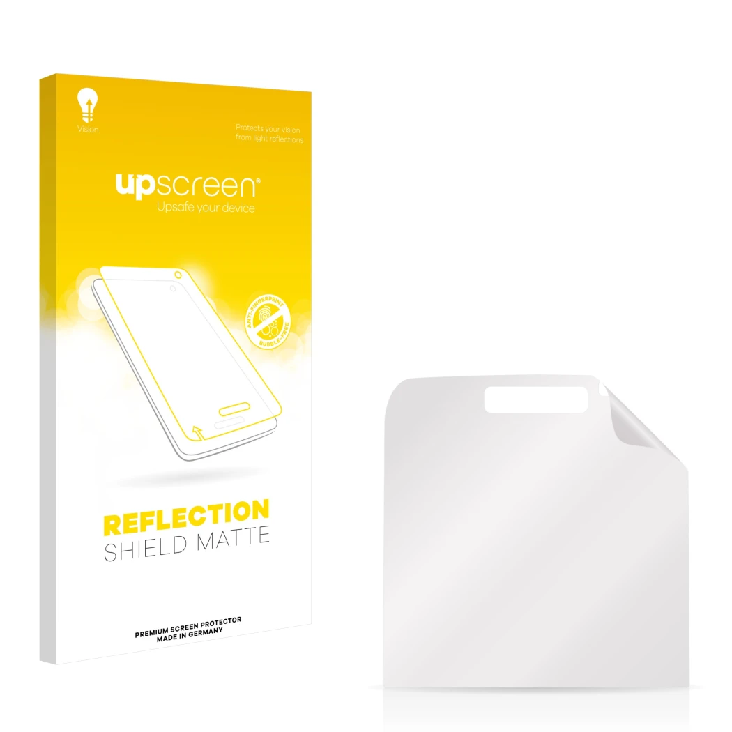 Front side of a product packaging with the brand logo upscreen. Next to it is the corresponding screen protector.