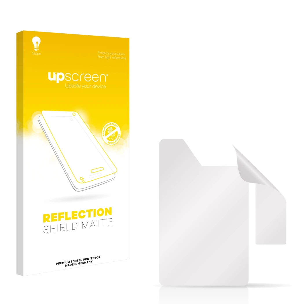 Front side of a product packaging with the brand logo upscreen. Next to it is the corresponding screen protector.