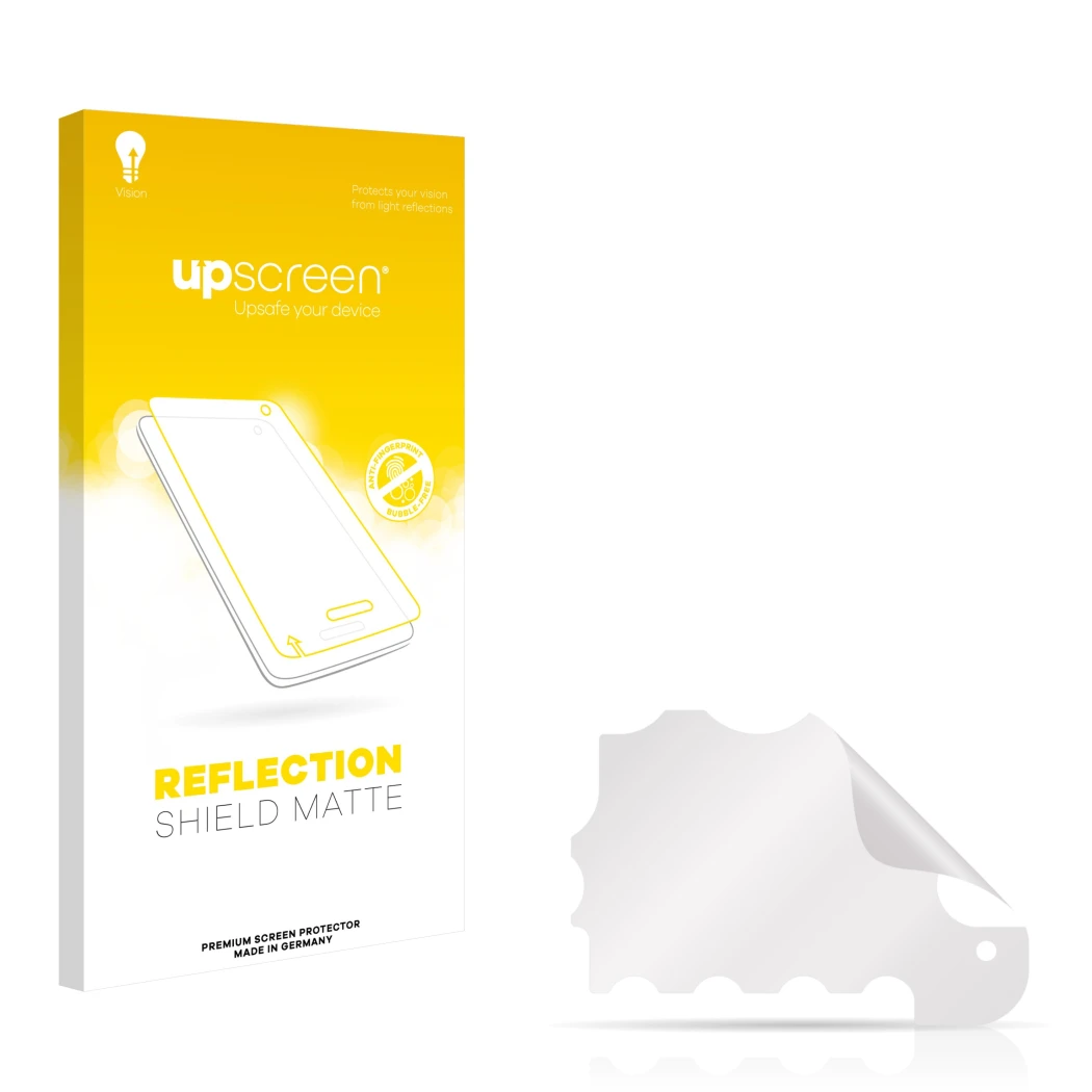 Front side of a product packaging with the brand logo upscreen. Next to it is the corresponding screen protector.