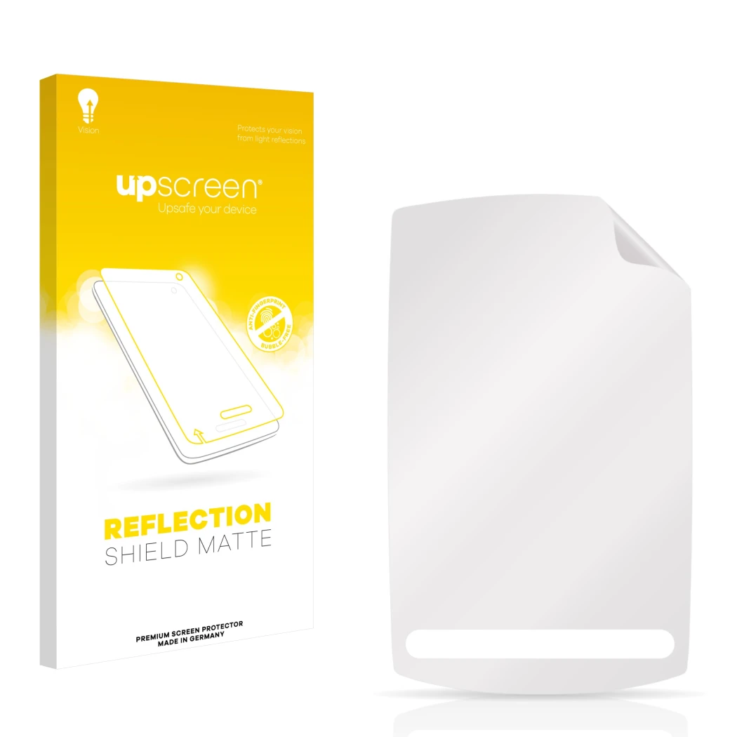 Front side of a product packaging with the brand logo upscreen. Next to it is the corresponding screen protector.
