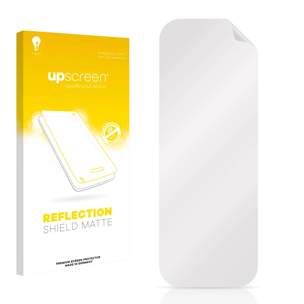 Front side of a product packaging with the brand logo upscreen. Next to it is the corresponding screen protector.