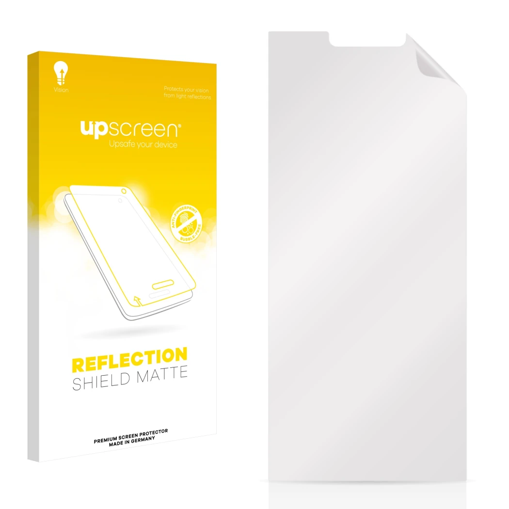Front side of a product packaging with the brand logo upscreen. Next to it is the corresponding screen protector.