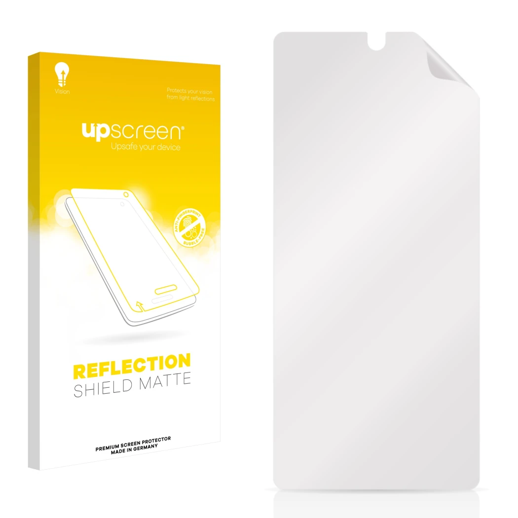 Front side of a product packaging with the brand logo upscreen. Next to it is the corresponding screen protector.