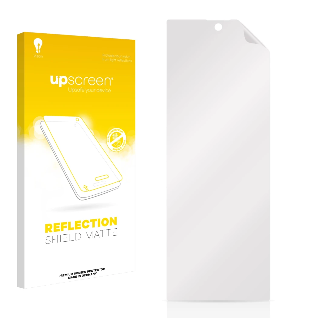 Front side of a product packaging with the brand logo upscreen. Next to it is the corresponding screen protector.