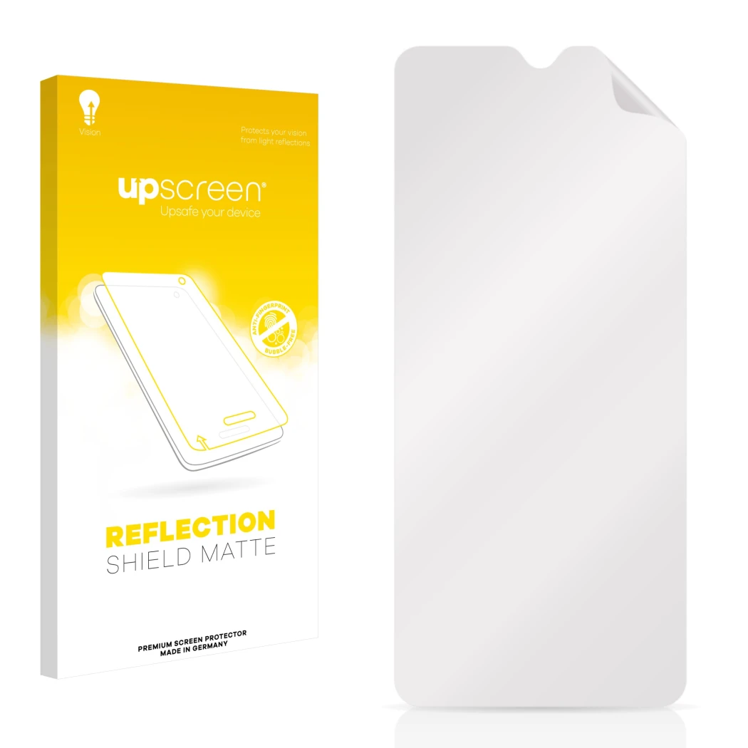 Front side of a product packaging with the brand logo upscreen. Next to it is the corresponding screen protector.