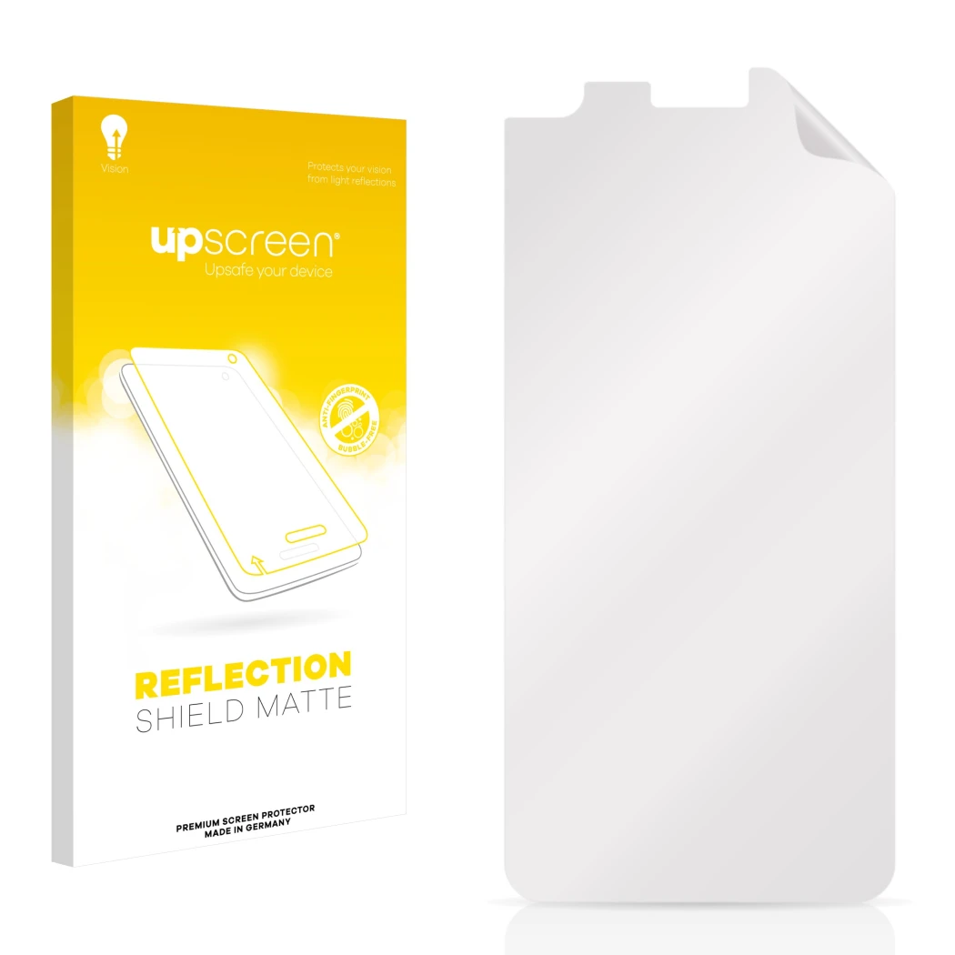 Front side of a product packaging with the brand logo upscreen. Next to it is the corresponding screen protector.