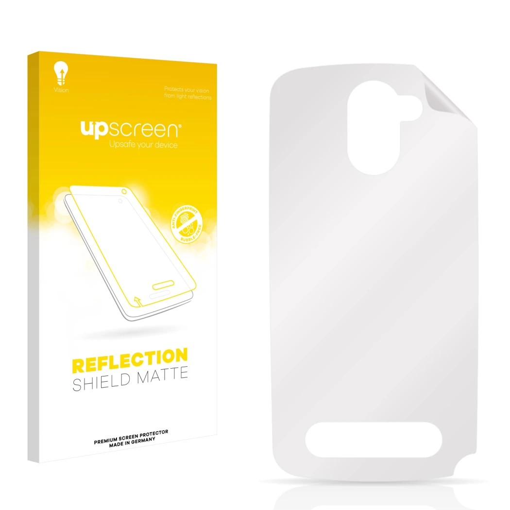 Front side of a product packaging with the brand logo upscreen. Next to it is the corresponding screen protector.