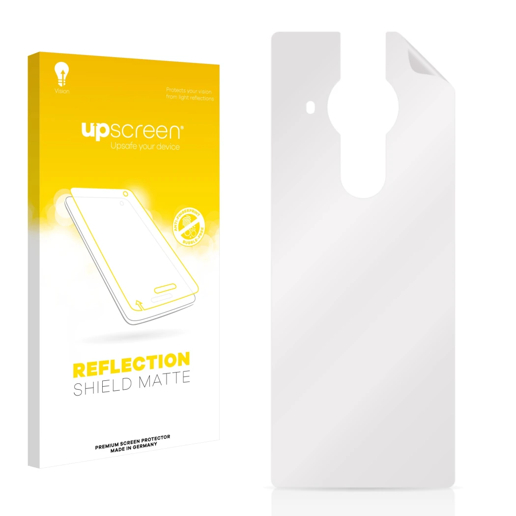 Front side of a product packaging with the brand logo upscreen. Next to it is the corresponding screen protector.