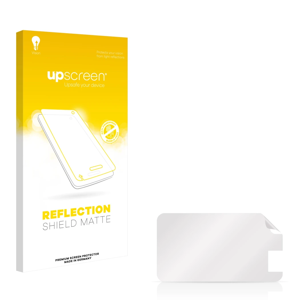 Front side of a product packaging with the brand logo upscreen. Next to it is the corresponding screen protector.