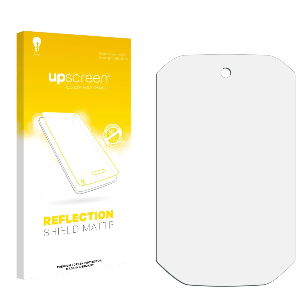 Front side of a product packaging with the brand logo upscreen. Next to it is the corresponding screen protector.