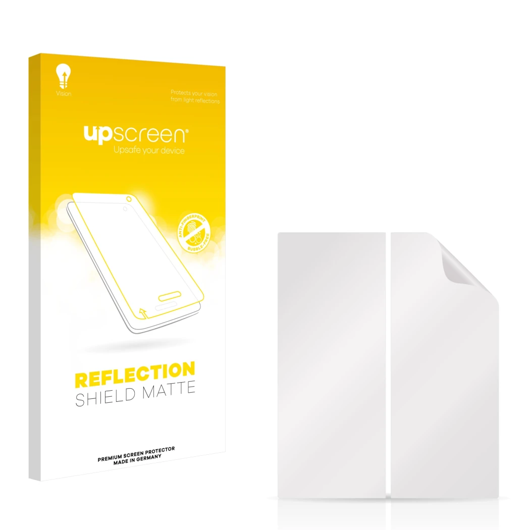 Front side of a product packaging with the brand logo upscreen. Next to it is the corresponding screen protector.
