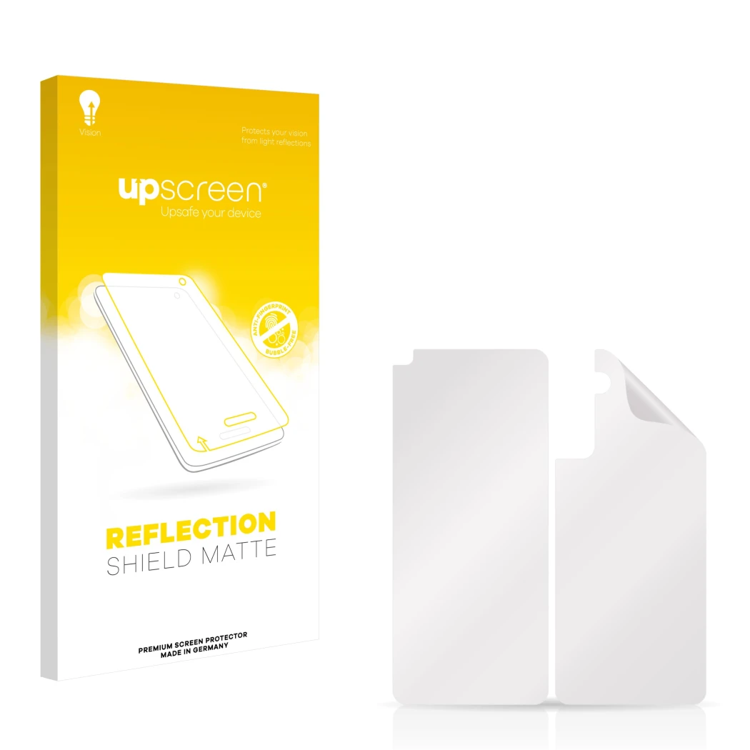 Front side of a product packaging with the brand logo upscreen. Next to it is the corresponding screen protector.