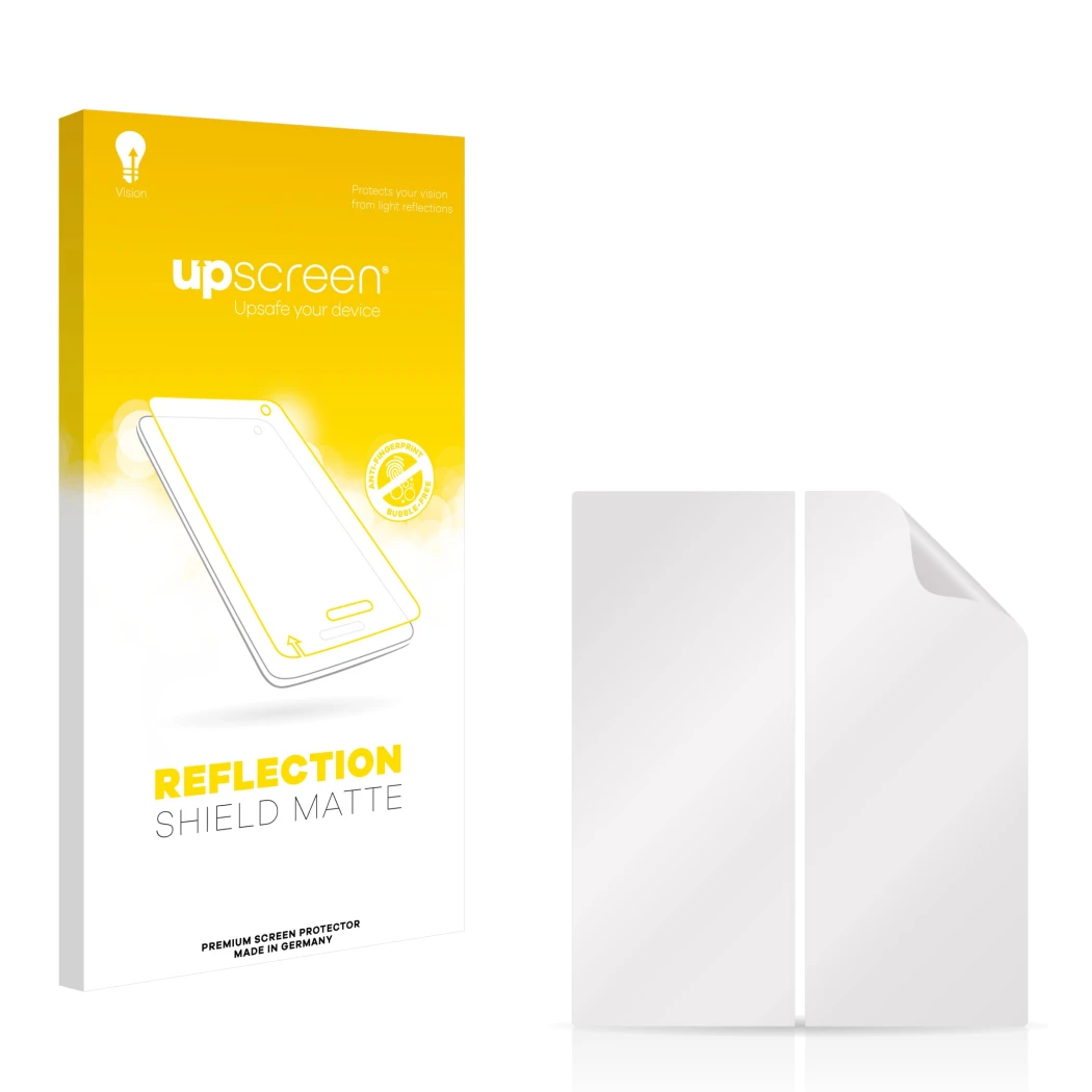 Front side of a product packaging with the brand logo upscreen. Next to it is the corresponding screen protector.