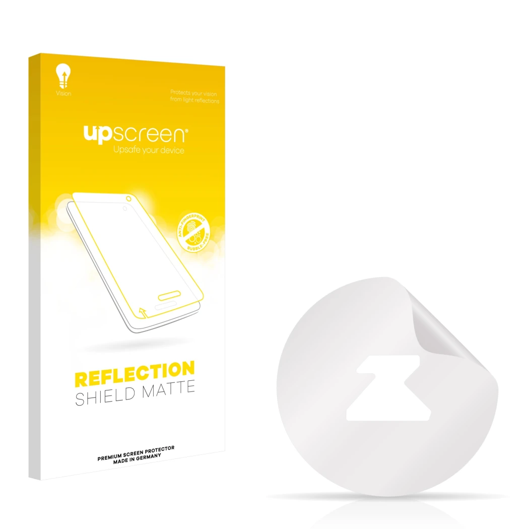 Front side of a product packaging with the brand logo upscreen. Next to it is the corresponding screen protector.