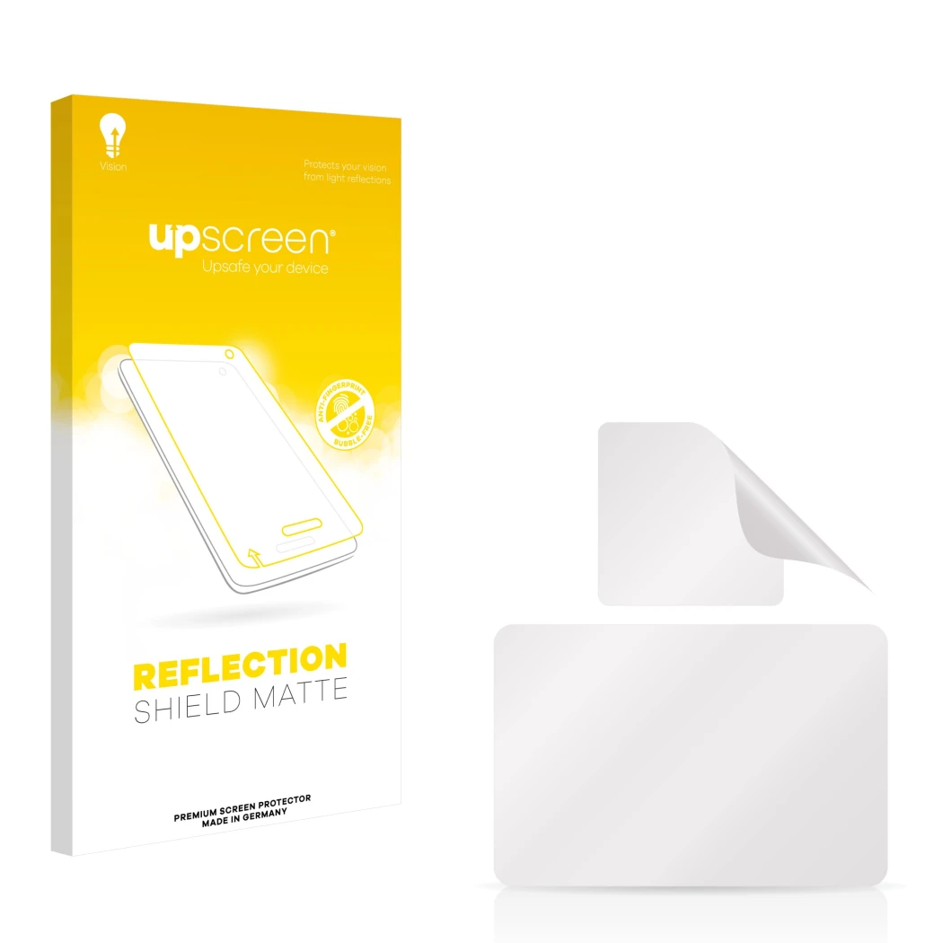 Front side of a product packaging with the brand logo upscreen. Next to it is the corresponding screen protector.