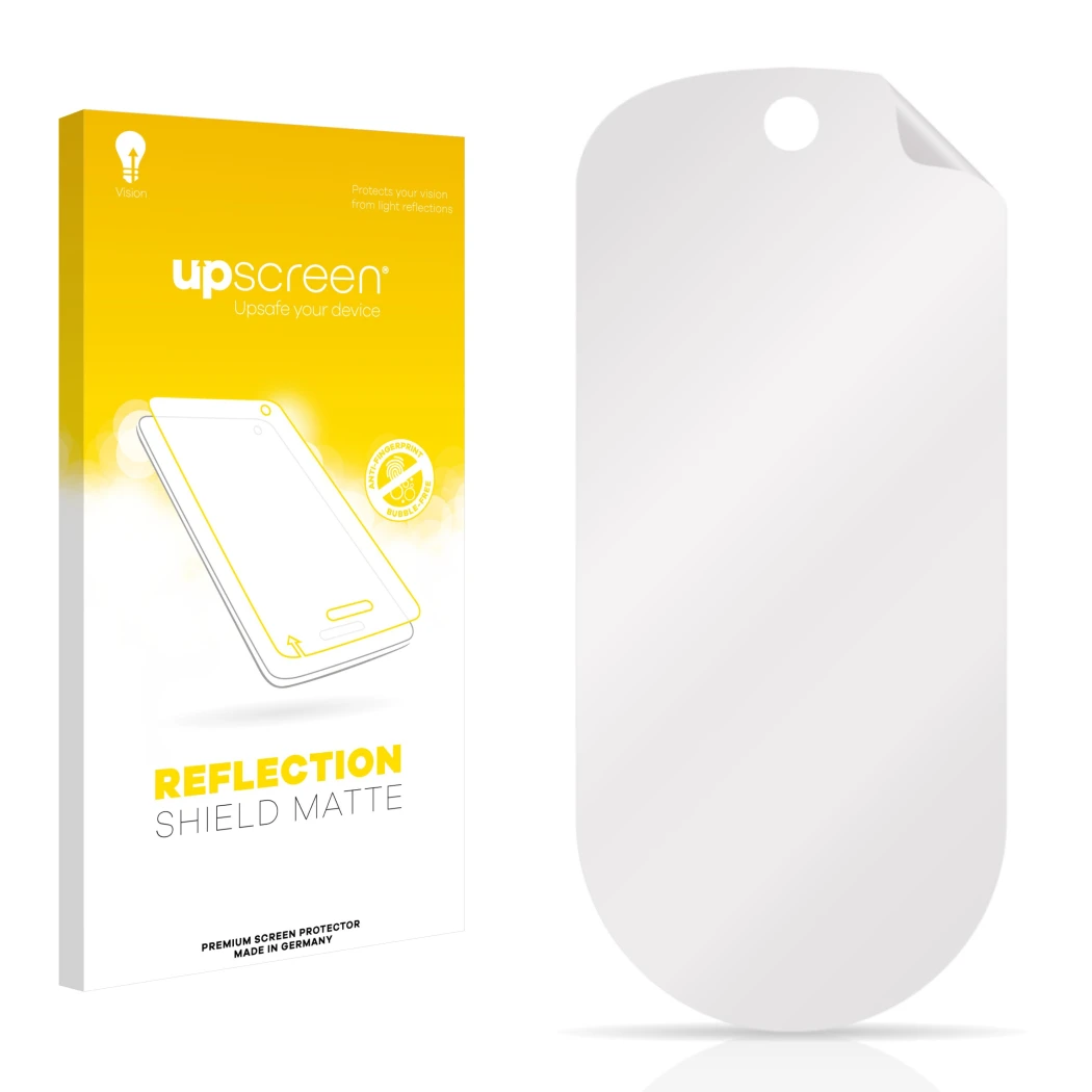 Front side of a product packaging with the brand logo upscreen. Next to it is the corresponding screen protector.