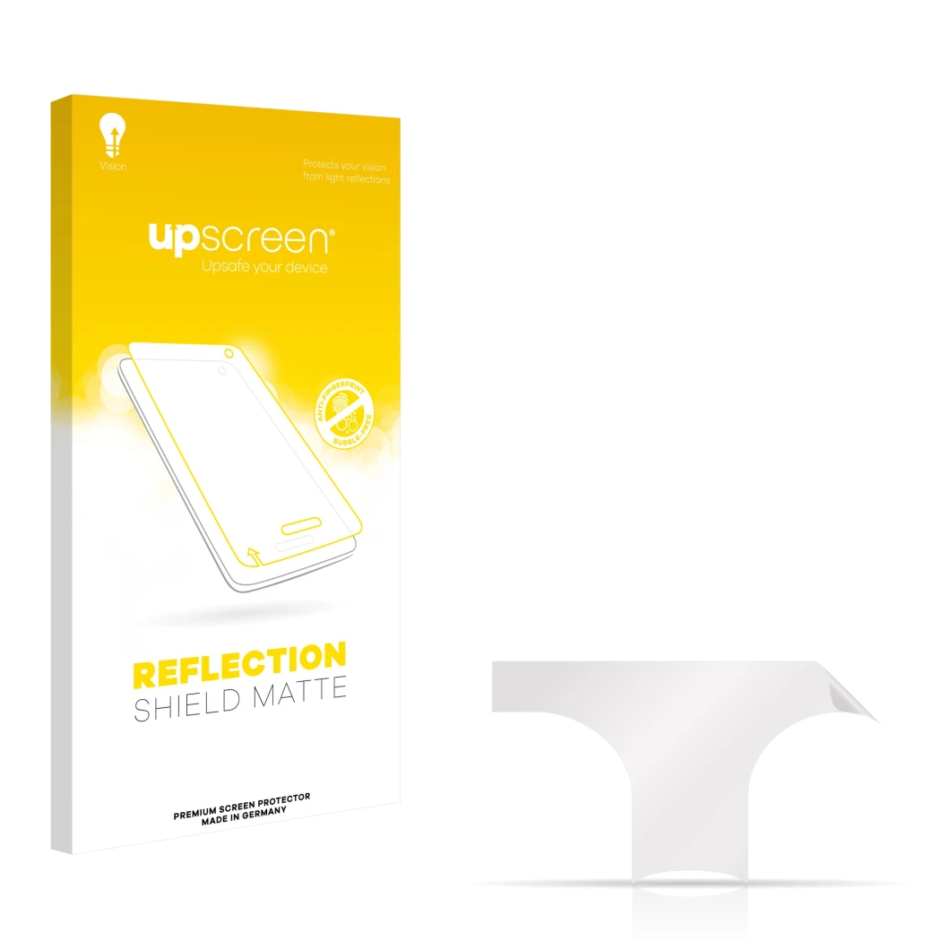 Front side of a product packaging with the brand logo upscreen. Next to it is the corresponding screen protector.