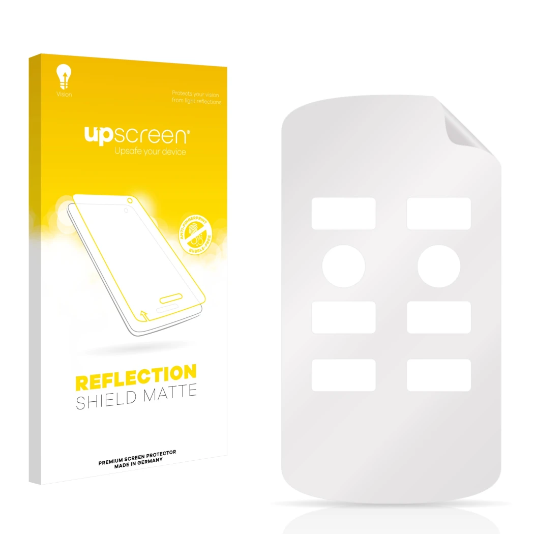 Front side of a product packaging with the brand logo upscreen. Next to it is the corresponding screen protector.