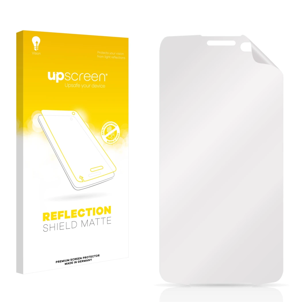 Front side of a product packaging with the brand logo upscreen. Next to it is the corresponding screen protector.