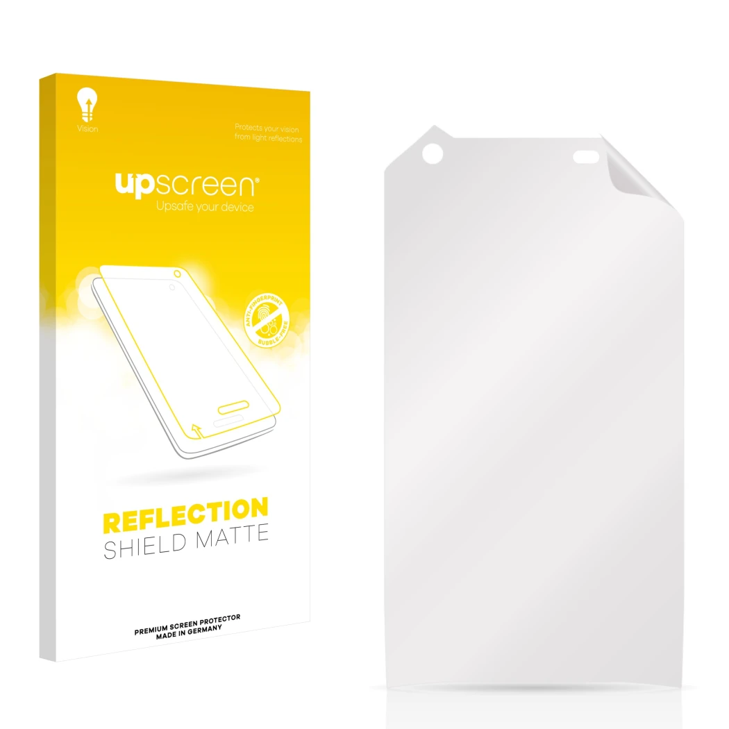 Front side of a product packaging with the brand logo upscreen. Next to it is the corresponding screen protector.