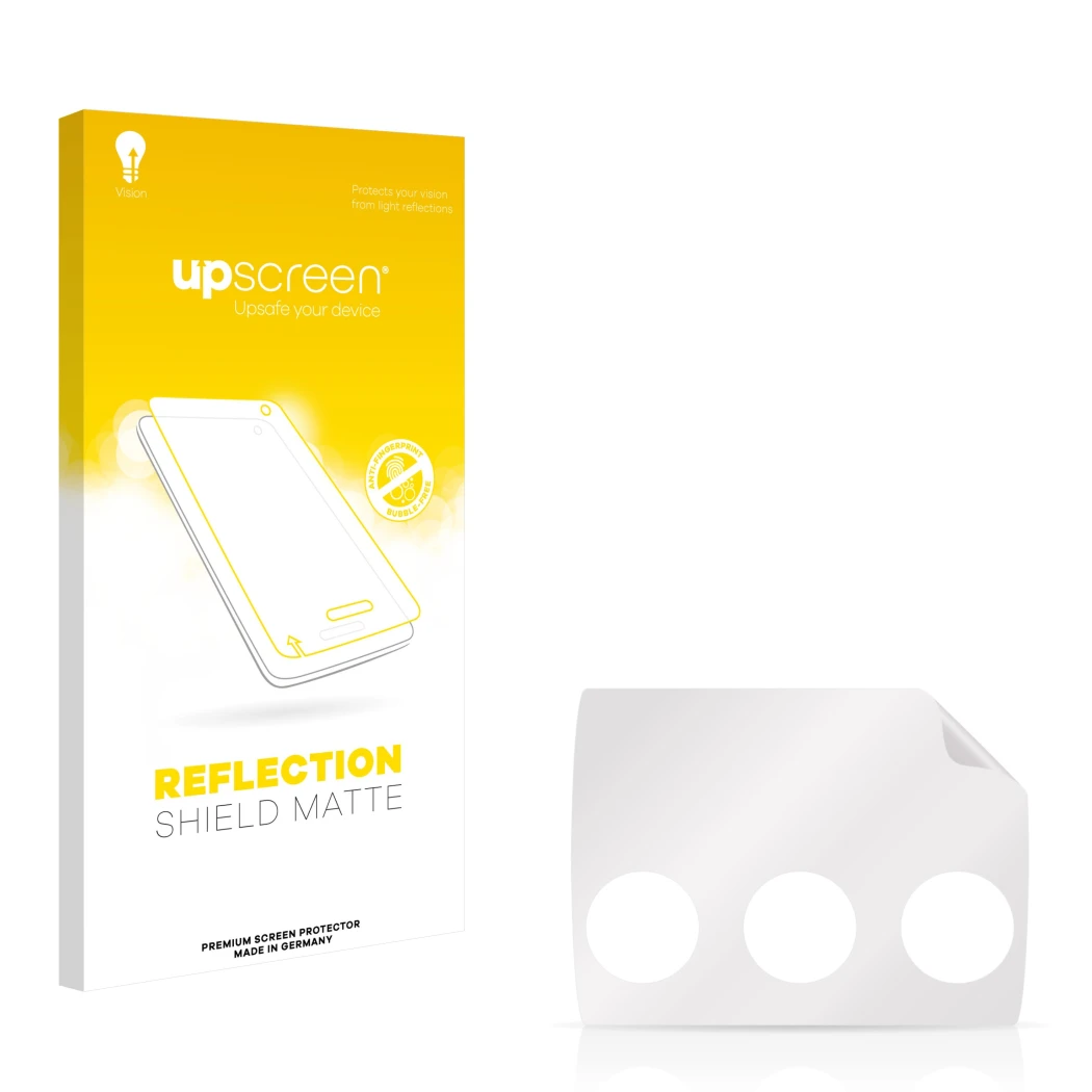 Front side of a product packaging with the brand logo upscreen. Next to it is the corresponding screen protector.