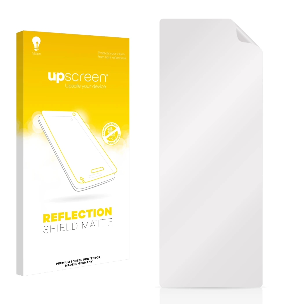 Front side of a product packaging with the brand logo upscreen. Next to it is the corresponding screen protector.