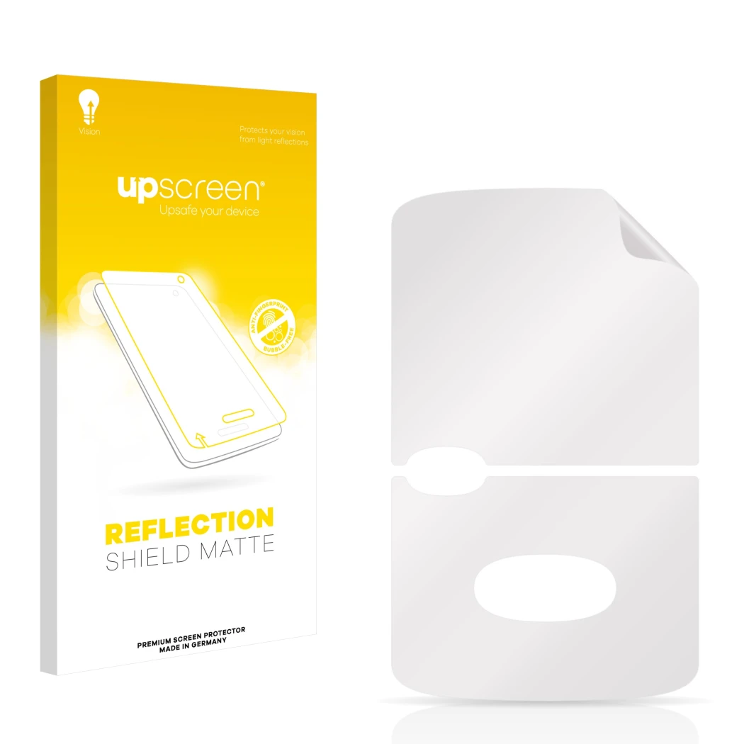Front side of a product packaging with the brand logo upscreen. Next to it is the corresponding screen protector.