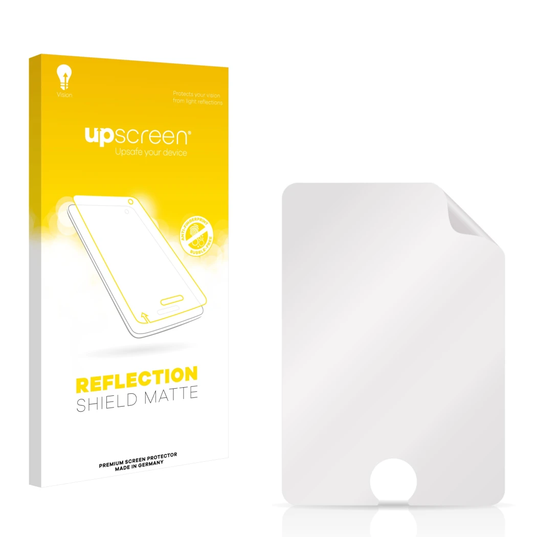 Front side of a product packaging with the brand logo upscreen. Next to it is the corresponding screen protector.