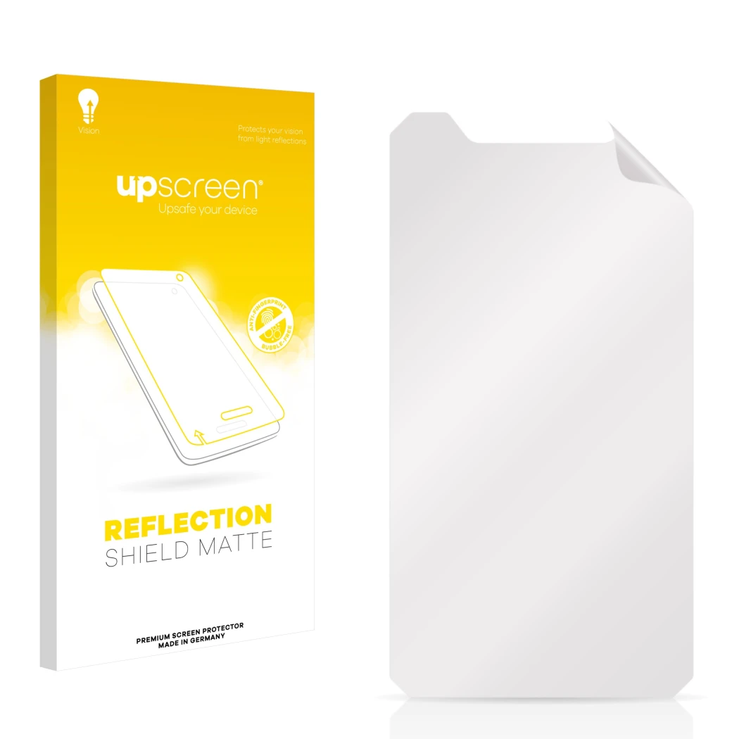Front side of a product packaging with the brand logo upscreen. Next to it is the corresponding screen protector.