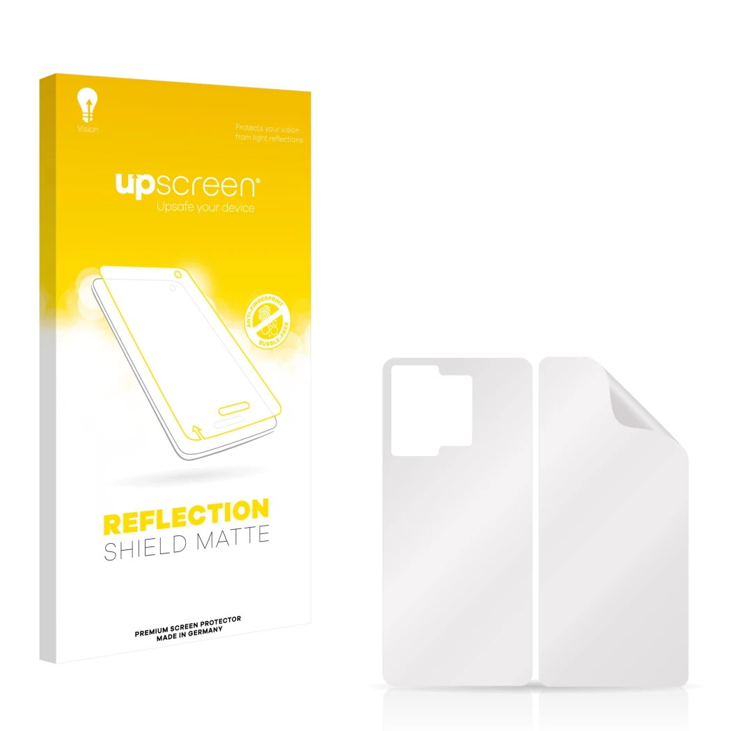 Front side of a product packaging with the brand logo upscreen. Next to it is the corresponding screen protector.