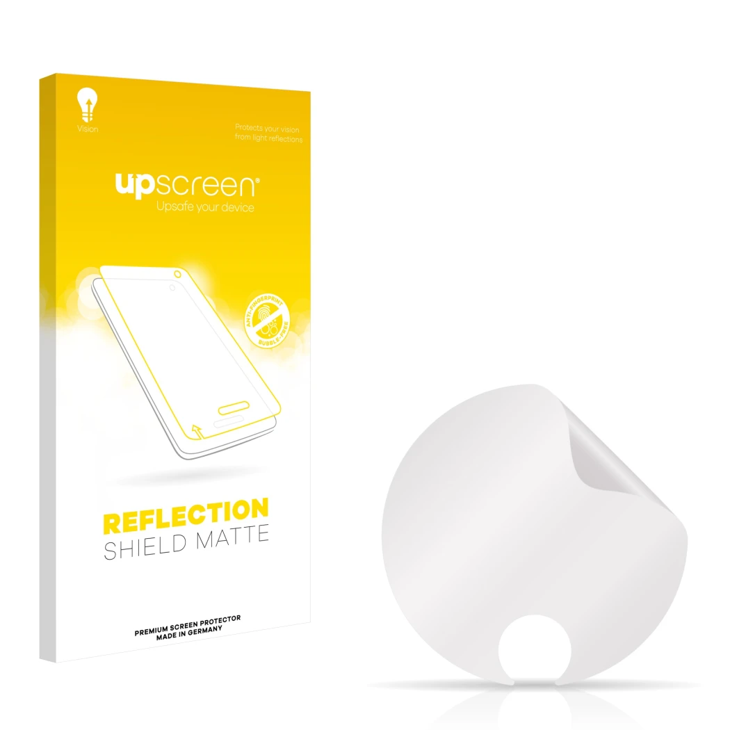 Front side of a product packaging with the brand logo upscreen. Next to it is the corresponding screen protector.