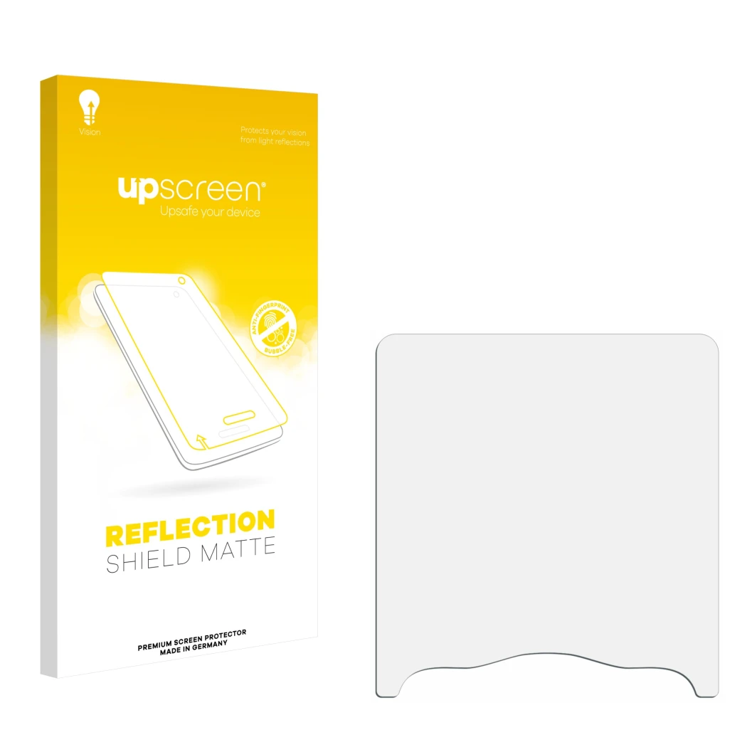 Front side of a product packaging with the brand logo upscreen. Next to it is the corresponding screen protector.