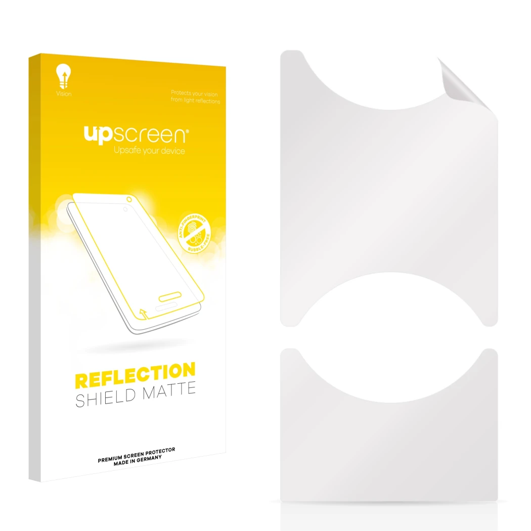 Front side of a product packaging with the brand logo upscreen. Next to it is the corresponding screen protector.