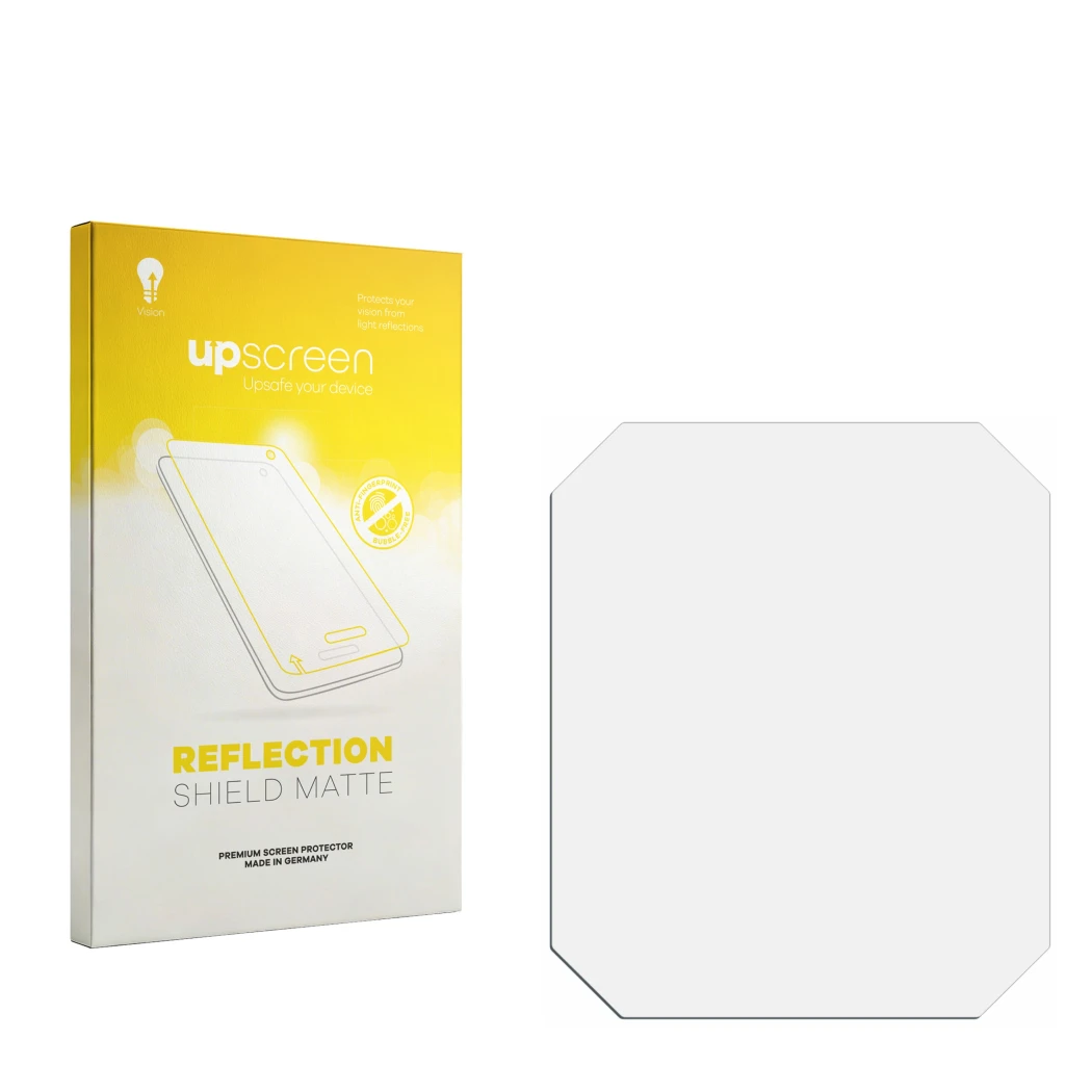 Front side of a product packaging with the brand logo upscreen. Next to it is the corresponding screen protector.