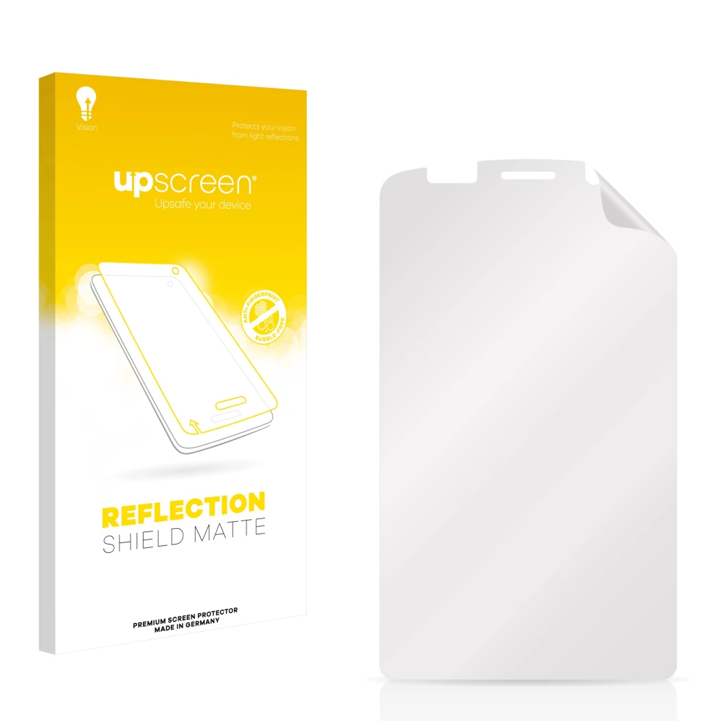 Front side of a product packaging with the brand logo upscreen. Next to it is the corresponding screen protector.