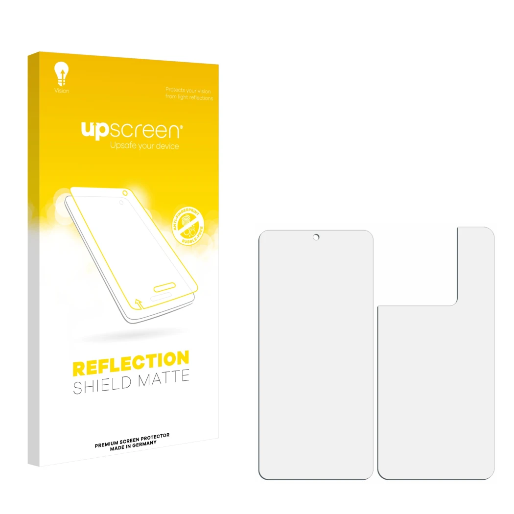 Front side of a product packaging with the brand logo upscreen. Next to it is the corresponding screen protector.