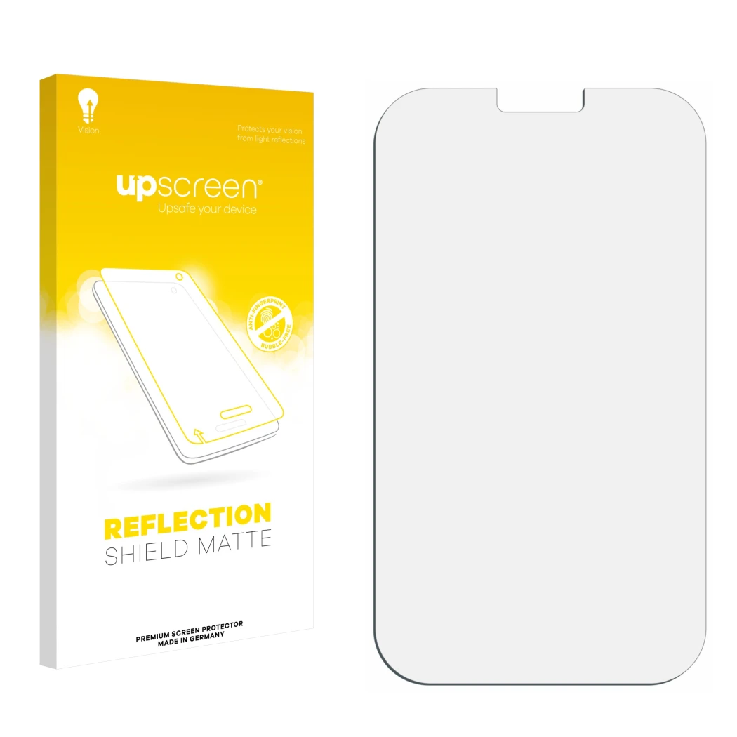 Front side of a product packaging with the brand logo upscreen. Next to it is the corresponding screen protector.