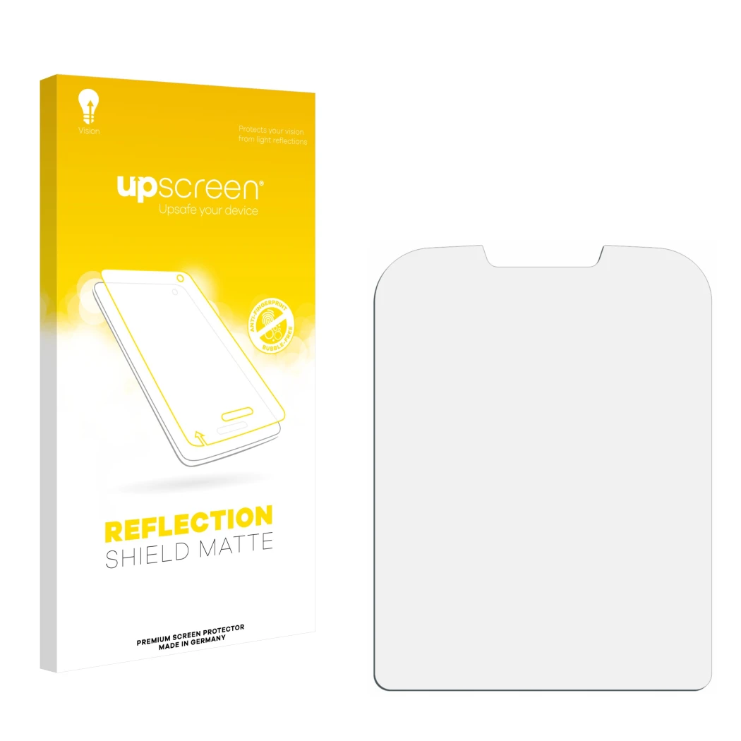 Front side of a product packaging with the brand logo upscreen. Next to it is the corresponding screen protector.