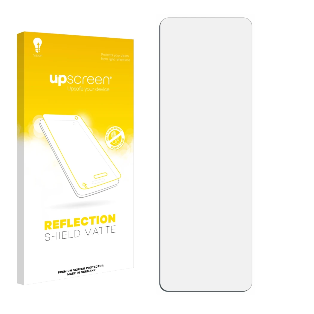 Front side of a product packaging with the brand logo upscreen. Next to it is the corresponding screen protector.