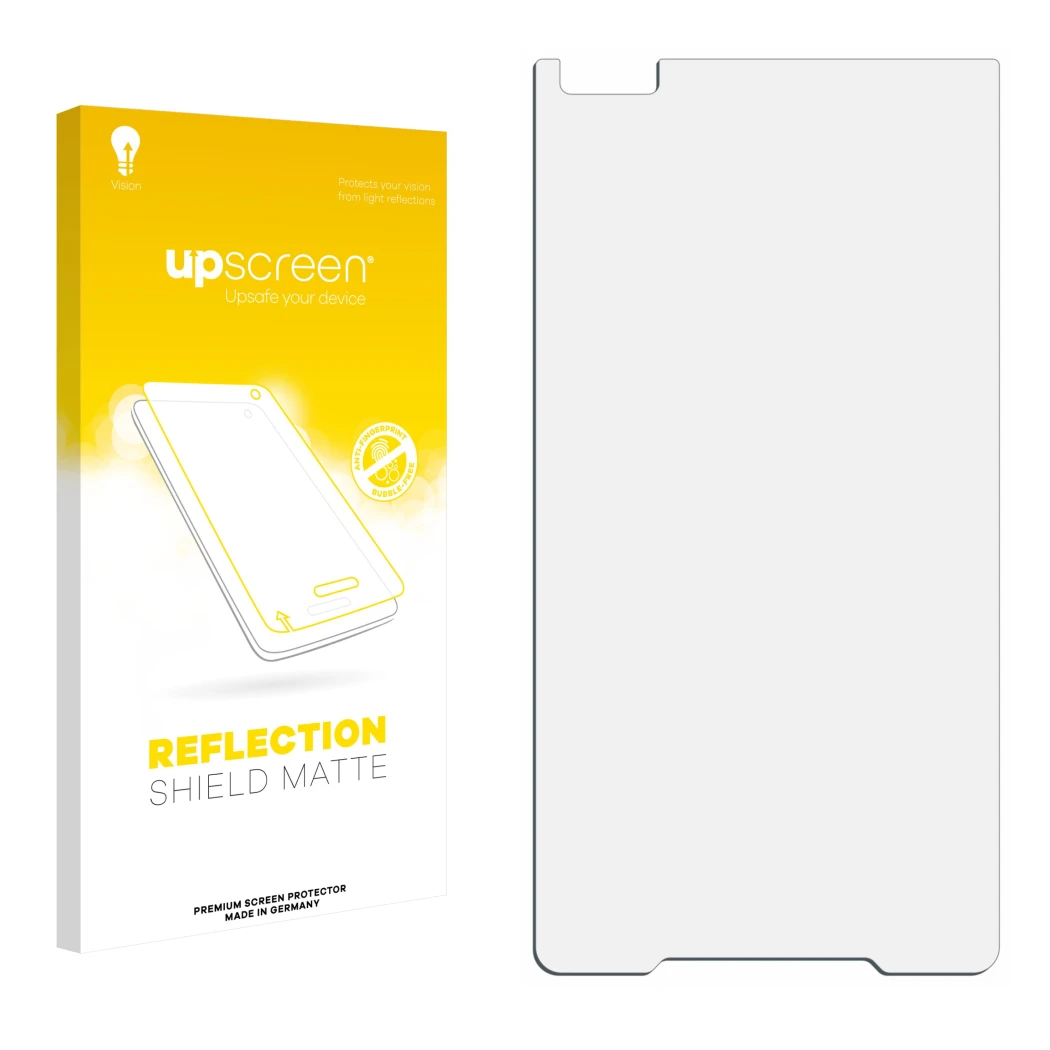 Front side of a product packaging with the brand logo upscreen. Next to it is the corresponding screen protector.