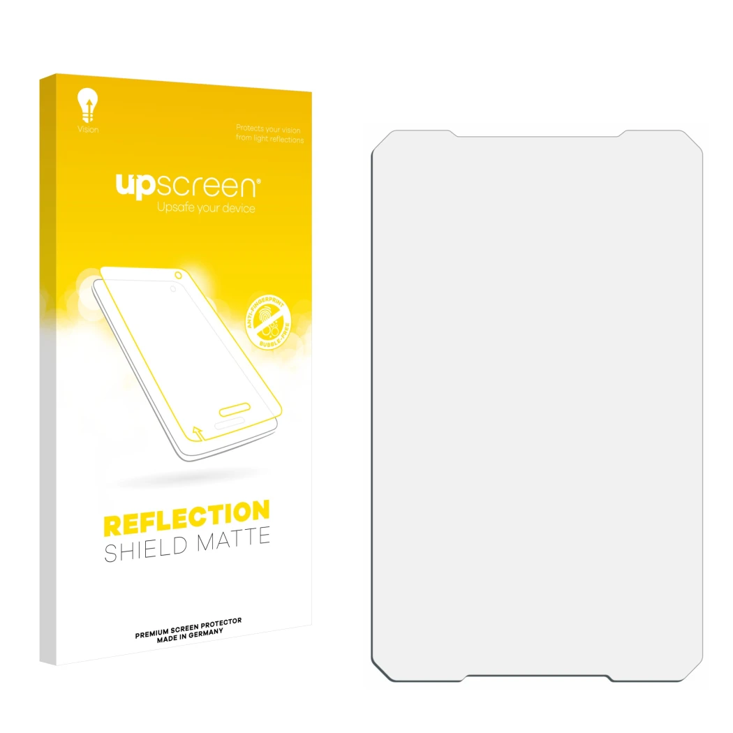 Front side of a product packaging with the brand logo upscreen. Next to it is the corresponding screen protector.