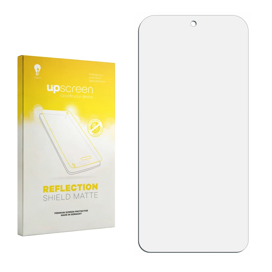 Front side of a product packaging with the brand logo upscreen. Next to it is the corresponding screen protector.