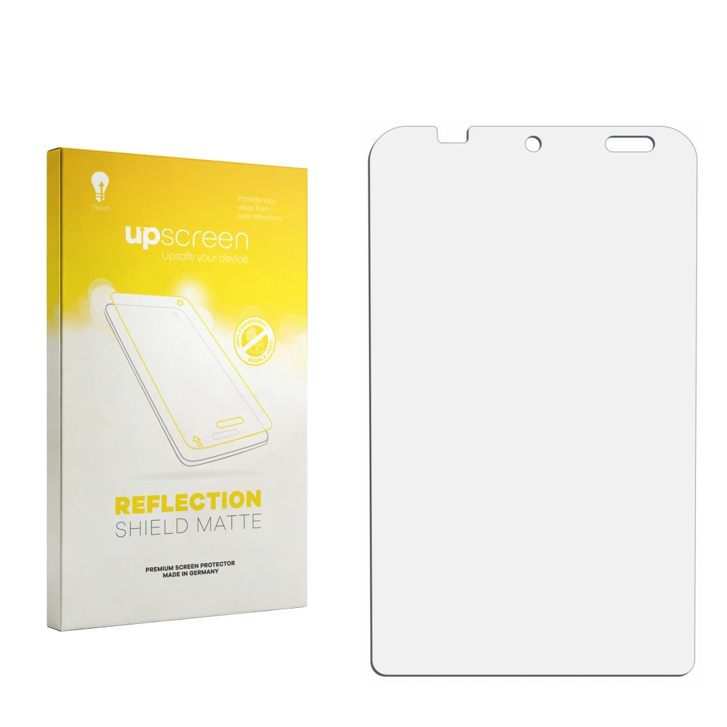 Front side of a product packaging with the brand logo upscreen. Next to it is the corresponding screen protector.