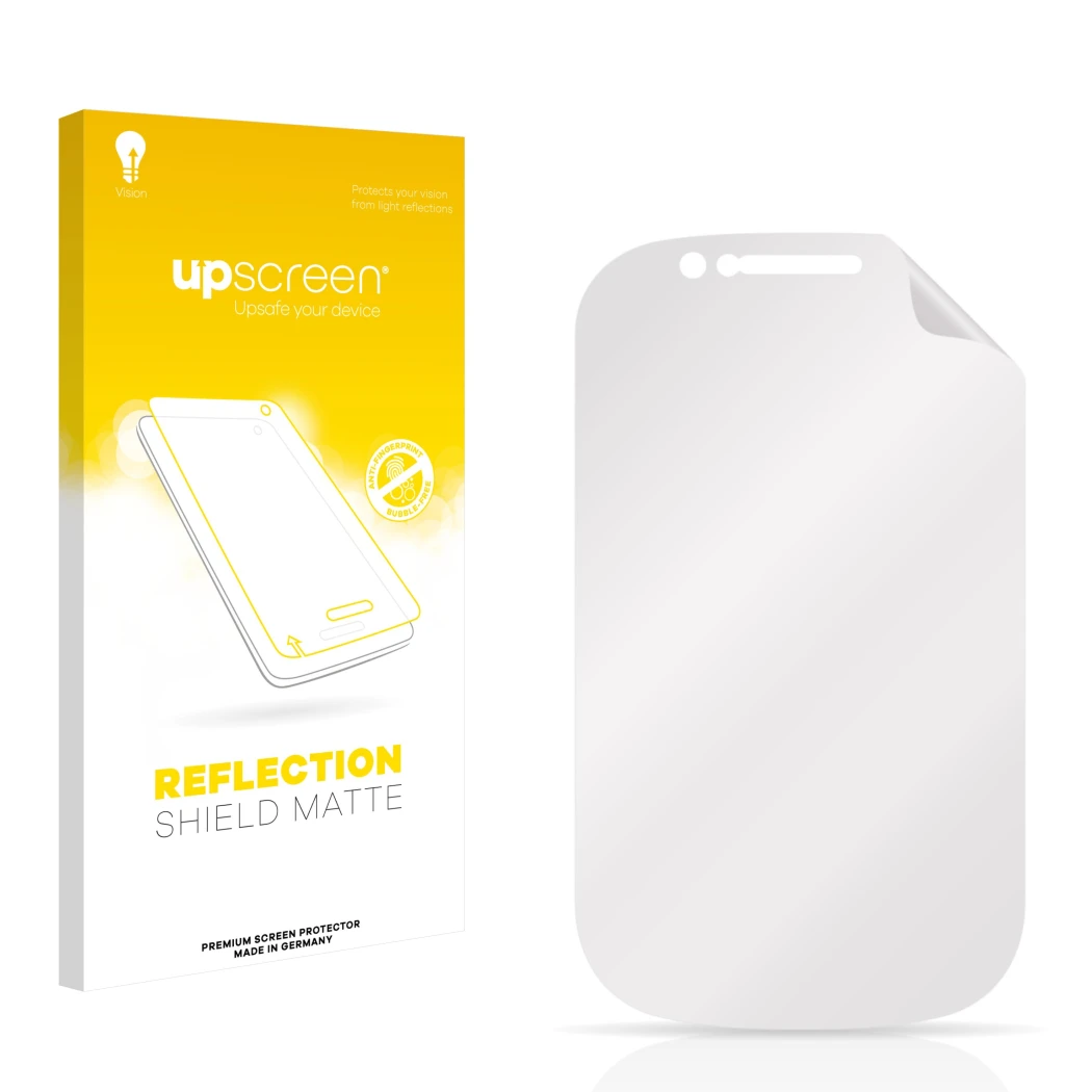 Front side of a product packaging with the brand logo upscreen. Next to it is the corresponding screen protector.