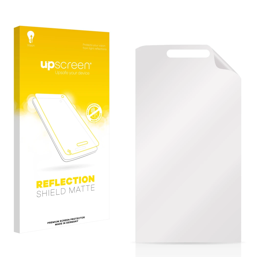 Front side of a product packaging with the brand logo upscreen. Next to it is the corresponding screen protector.