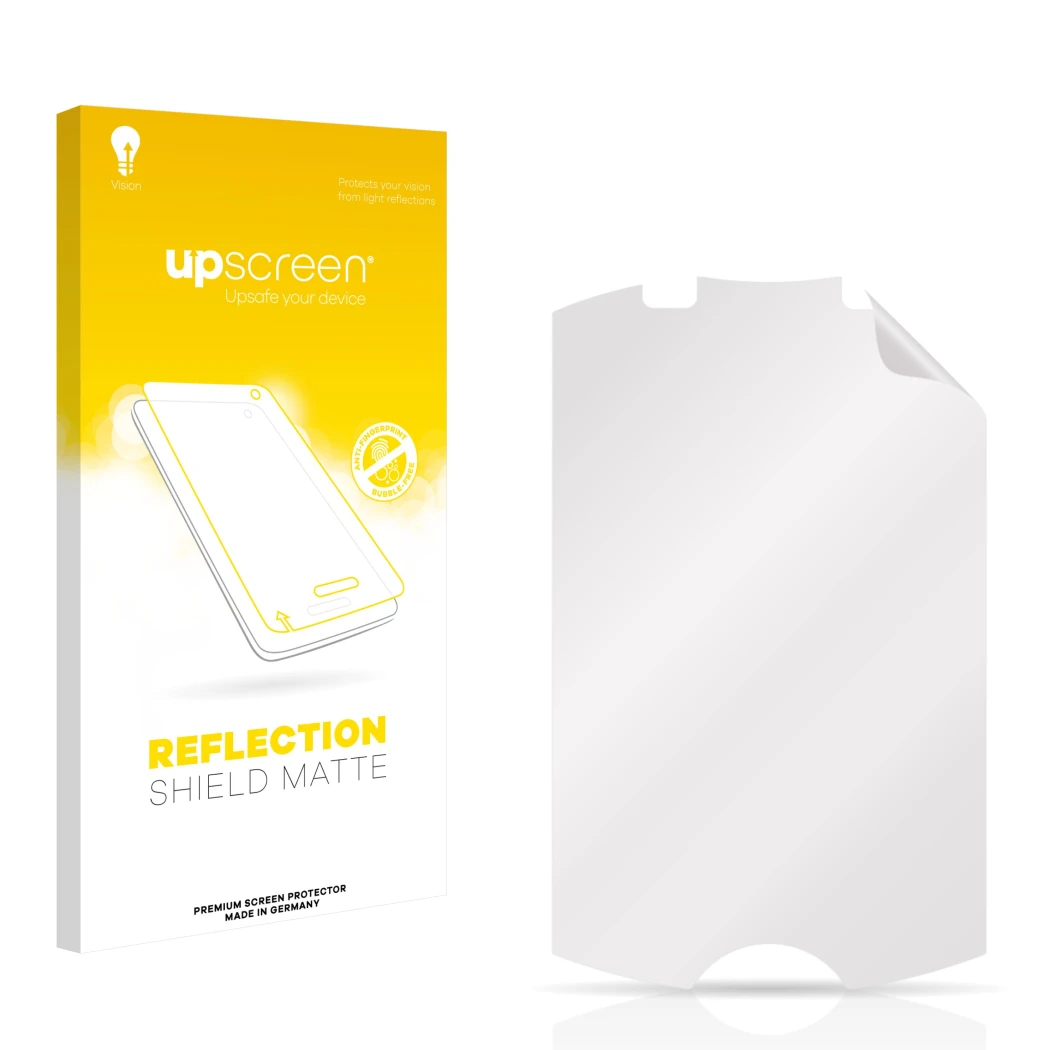 Front side of a product packaging with the brand logo upscreen. Next to it is the corresponding screen protector.